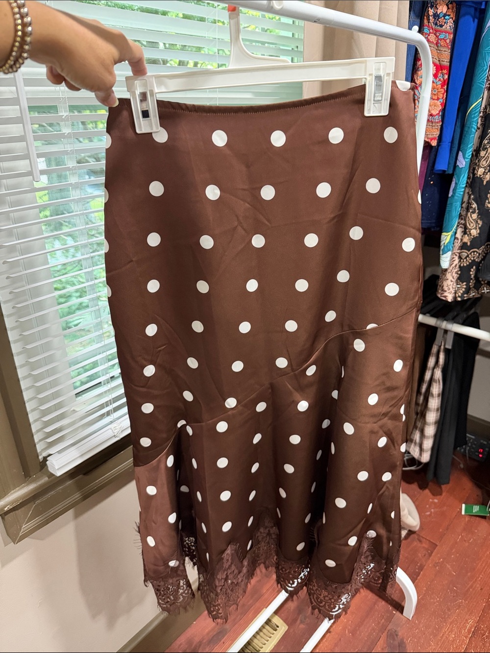 Amazon Brown Polka Dot Midi Skirt with Lace Trim